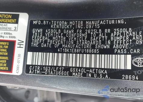 2015 Toyota Avalon Xle Premium из США, поврежденный, VIN 4T1BK1EB8FU188685